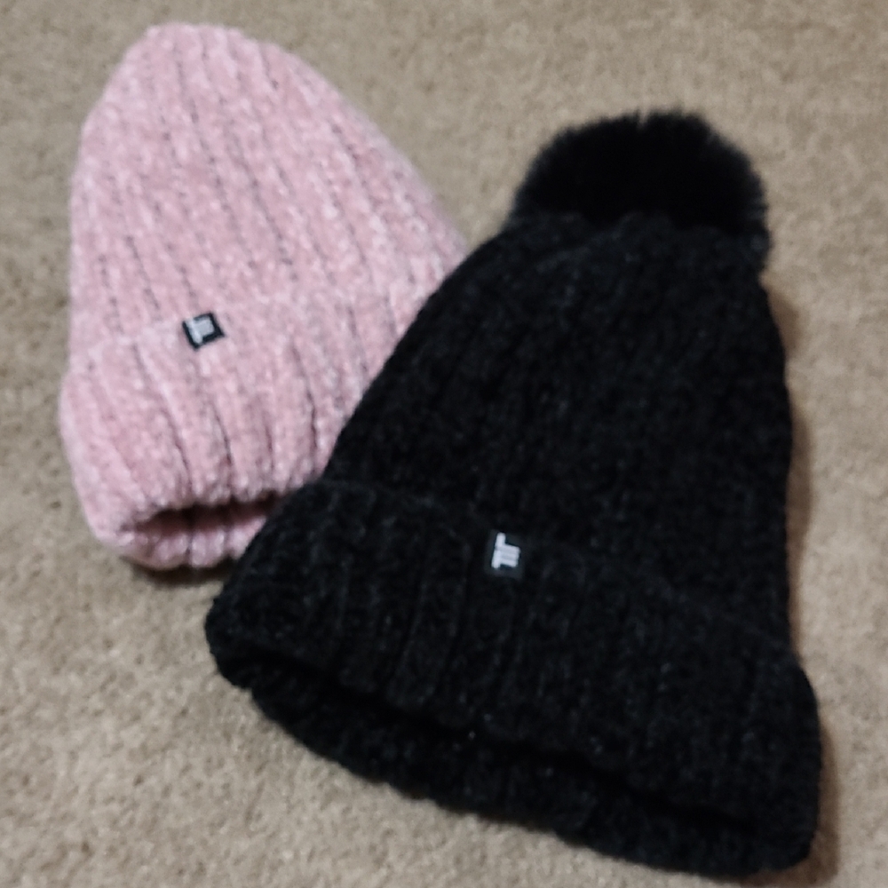 (2)London Fog Pink and Black Ribbed Knit Hats